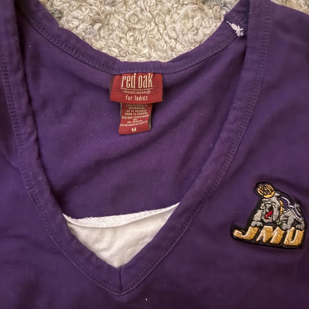 JMU Women's Purple V-Neck Short Sleeve Tee with Mascot Patch
